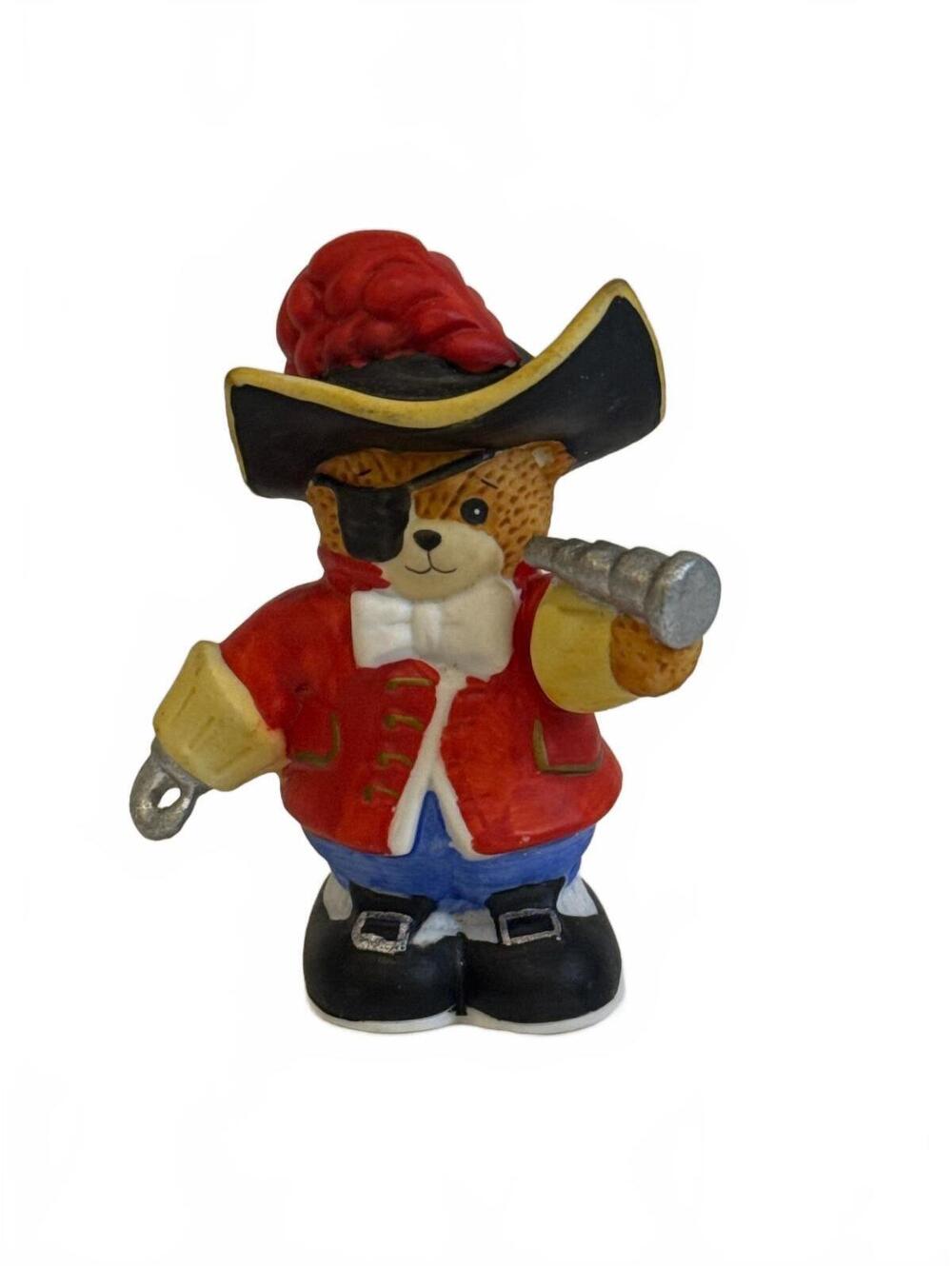 Vintage Pirate Teddy Bear Figurine in Red Coat with Telescope and Tricorn Hat 3”